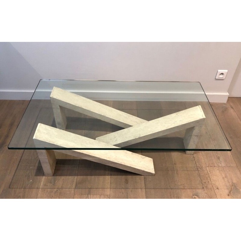Modernist Coffee Table with Geometric Cream Marble Trestle Base and Glass Top, France c.1970