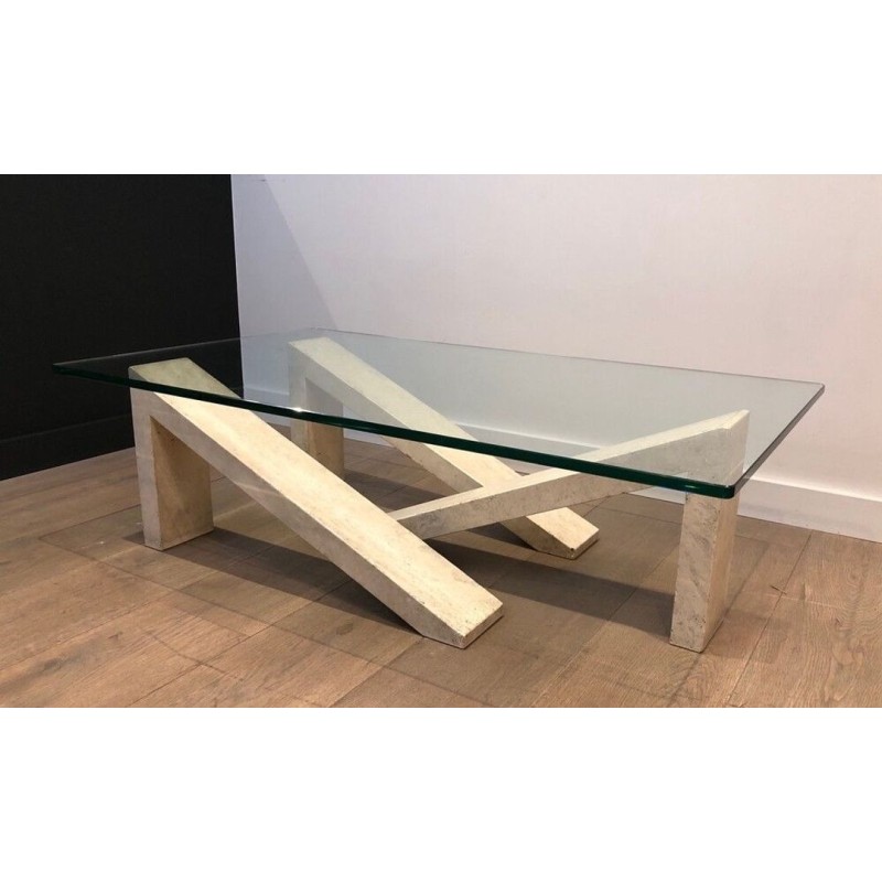 Modernist Coffee Table with Geometric Cream Marble Trestle Base and Glass Top, France c.1970