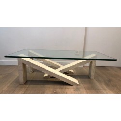 Modernist Coffee Table with Geometric Cream Marble Trestle Base and Glass Top, France c.1970