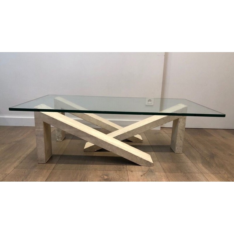 Modernist Coffee Table with Geometric Cream Marble Trestle Base and Glass Top, France c.1970