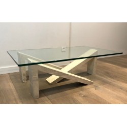 Modernist Coffee Table with Geometric Cream Marble Trestle Base and Glass Top, France c.1970