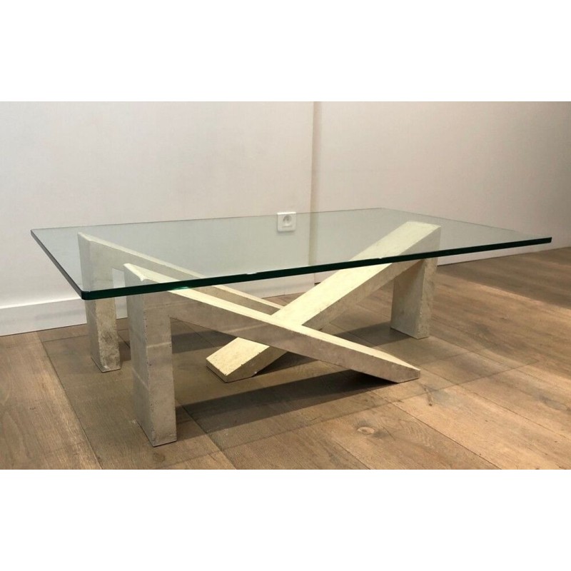 Modernist Coffee Table with Geometric Cream Marble Trestle Base and Glass Top, France c.1970