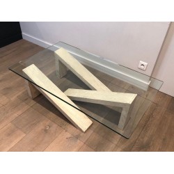 Modernist Coffee Table with Geometric Cream Marble Trestle Base and Glass Top, France c.1970
