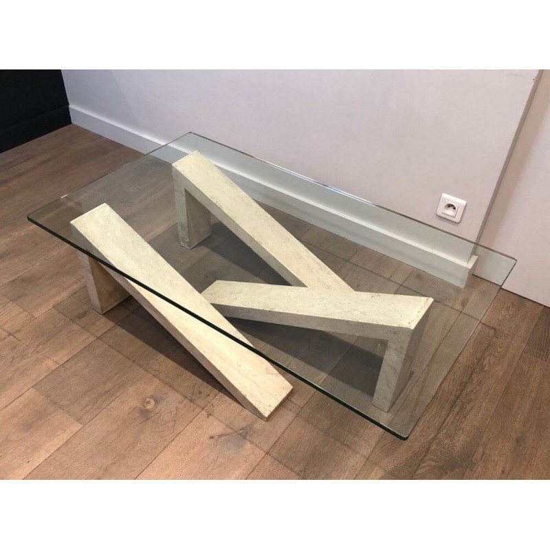 Modernist Coffee Table with Geometric Cream Marble Trestle Base and Glass Top, France c.1970