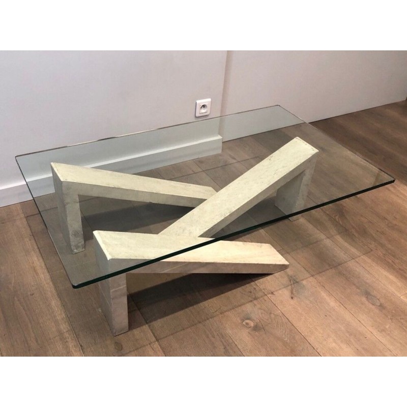 Modernist Coffee Table with Geometric Cream Marble Trestle Base and Glass Top, France c.1970