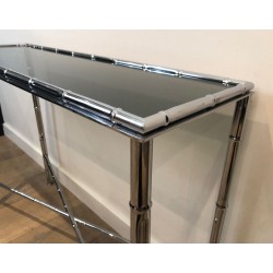 Chrome Faux-Bamboo Console Table with Smoked Glass Top & Matching Mirror, in the Style of Baguès, c.1970
