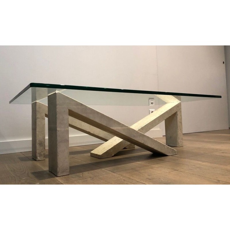 Modernist Coffee Table with Geometric Cream Marble Trestle Base and Glass Top, France c.1970