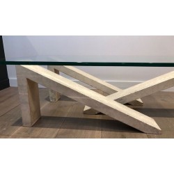 Modernist Coffee Table with Geometric Cream Marble Trestle Base and Glass Top, France c.1970