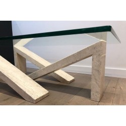 Modernist Coffee Table with Geometric Cream Marble Trestle Base and Glass Top, France c.1970