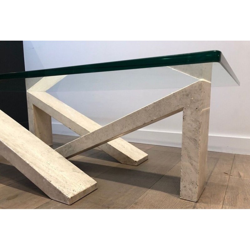 Modernist Coffee Table with Geometric Cream Marble Trestle Base and Glass Top, France c.1970