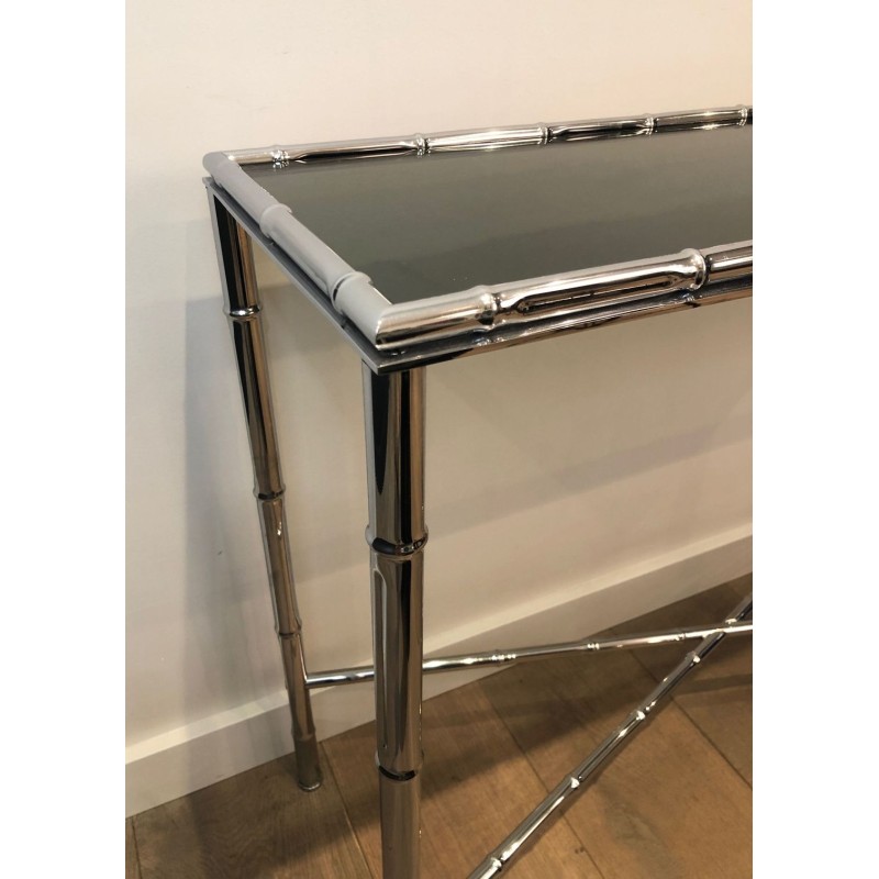 Chrome Faux-Bamboo Console Table with Smoked Glass Top & Matching Mirror, in the Style of Baguès, c.1970