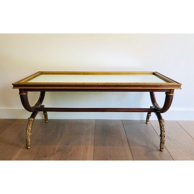 Carved & Gilt Wood Coffee Table with Mirror Top, Signed M. Hirch, France circa 1940