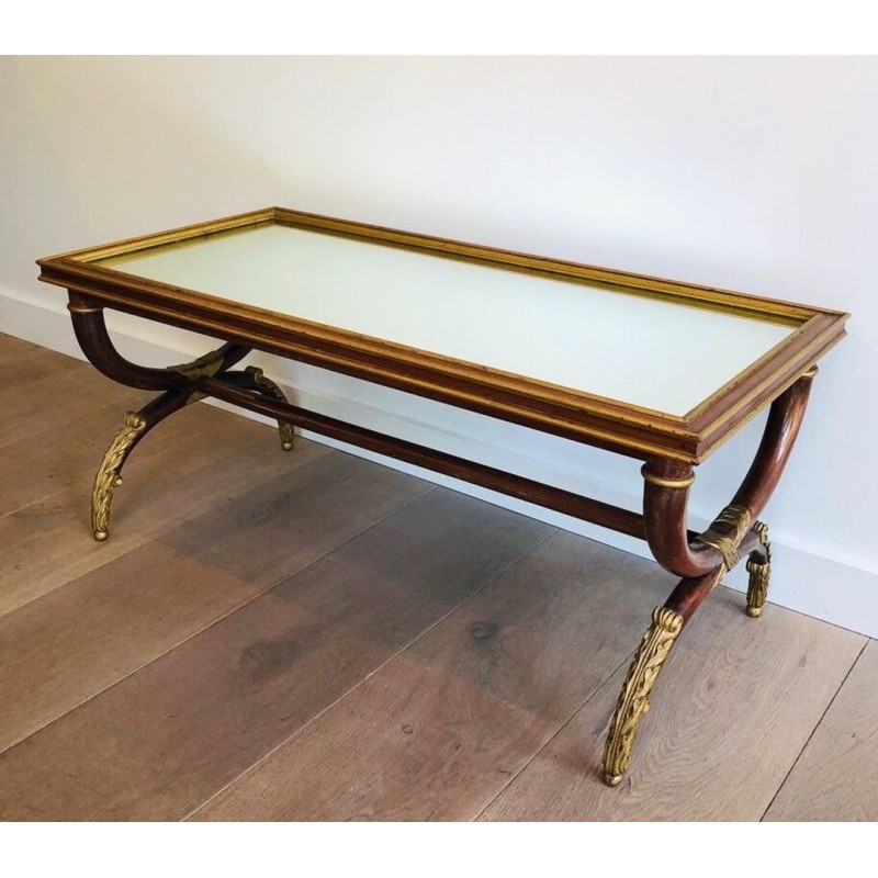 Carved & Gilt Wood Coffee Table with Mirror Top, Signed M. Hirch, France circa 1940