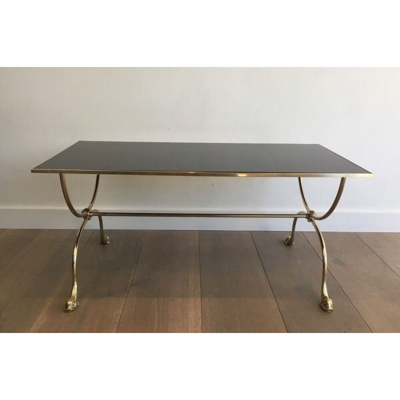Maison Jansen Neoclassical Brass Coffee Table with Dolphin Heads & Mirror Top, France c.1940