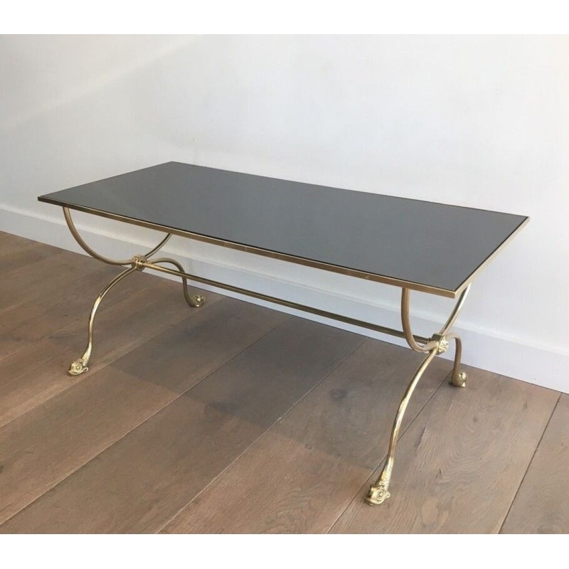 Maison Jansen Neoclassical Brass Coffee Table with Dolphin Heads & Mirror Top, France c.1940