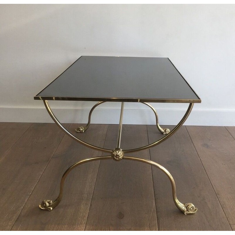 Maison Jansen Neoclassical Brass Coffee Table with Dolphin Heads & Mirror Top, France c.1940