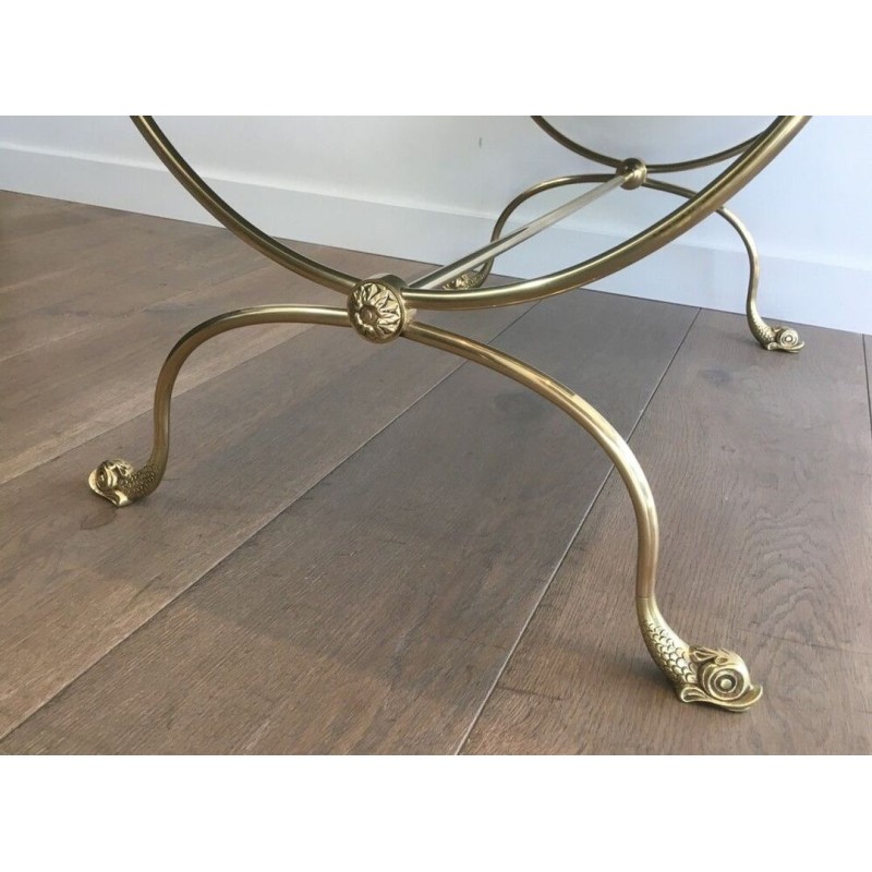 Maison Jansen Neoclassical Brass Coffee Table with Dolphin Heads & Mirror Top, France c.1940