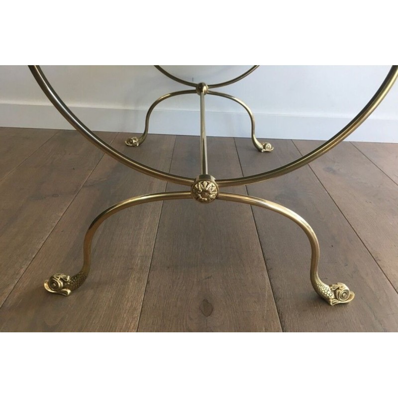 Maison Jansen Neoclassical Brass Coffee Table with Dolphin Heads & Mirror Top, France c.1940