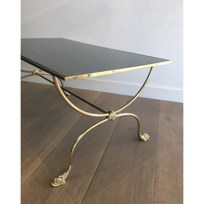 Maison Jansen Neoclassical Brass Coffee Table with Dolphin Heads & Mirror Top, France c.1940
