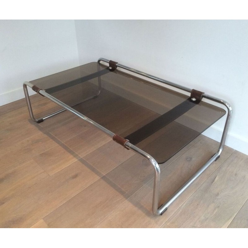 Chrome, Brown Leather & Smoked Glass Two-Tier Coffee Table, France circa 1950
