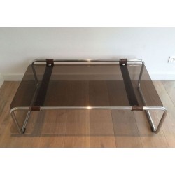 Chrome, Brown Leather & Smoked Glass Two-Tier Coffee Table, France circa 1950