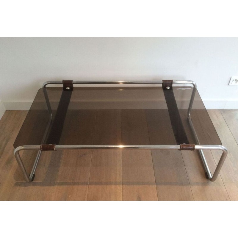 Chrome, Brown Leather & Smoked Glass Two-Tier Coffee Table, France circa 1950