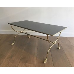 Maison Jansen Neoclassical Brass Coffee Table with Dolphin Heads & Mirror Top, France c.1940