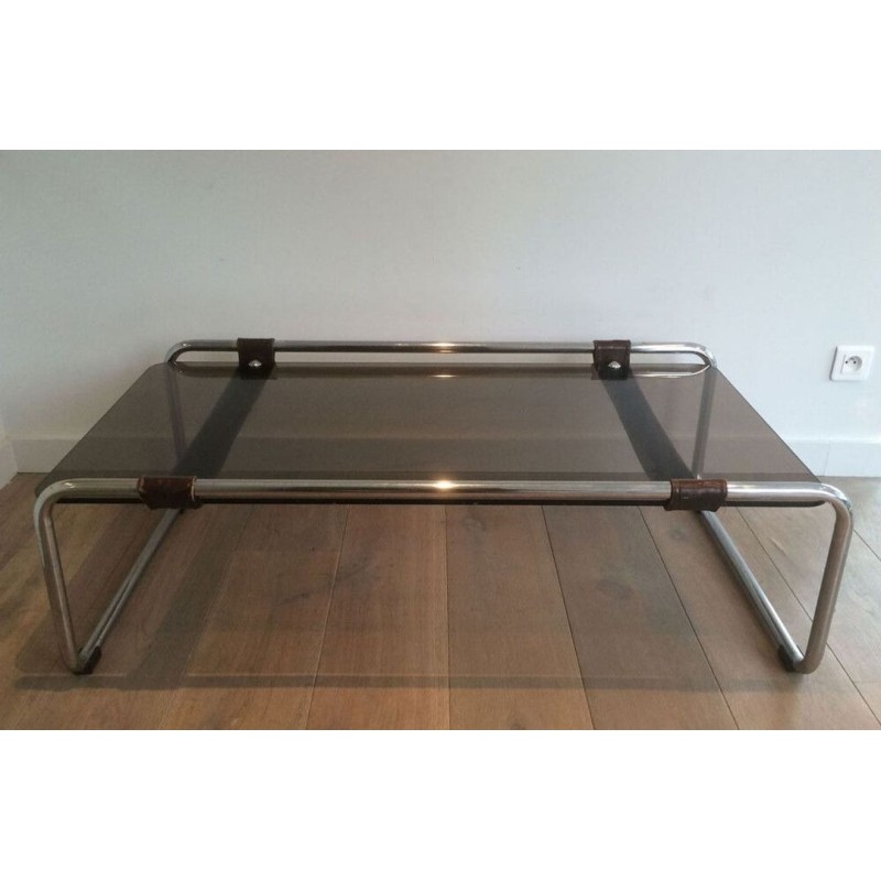Chrome, Brown Leather & Smoked Glass Two-Tier Coffee Table, France circa 1950