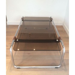 Chrome, Brown Leather & Smoked Glass Two-Tier Coffee Table, France circa 1950