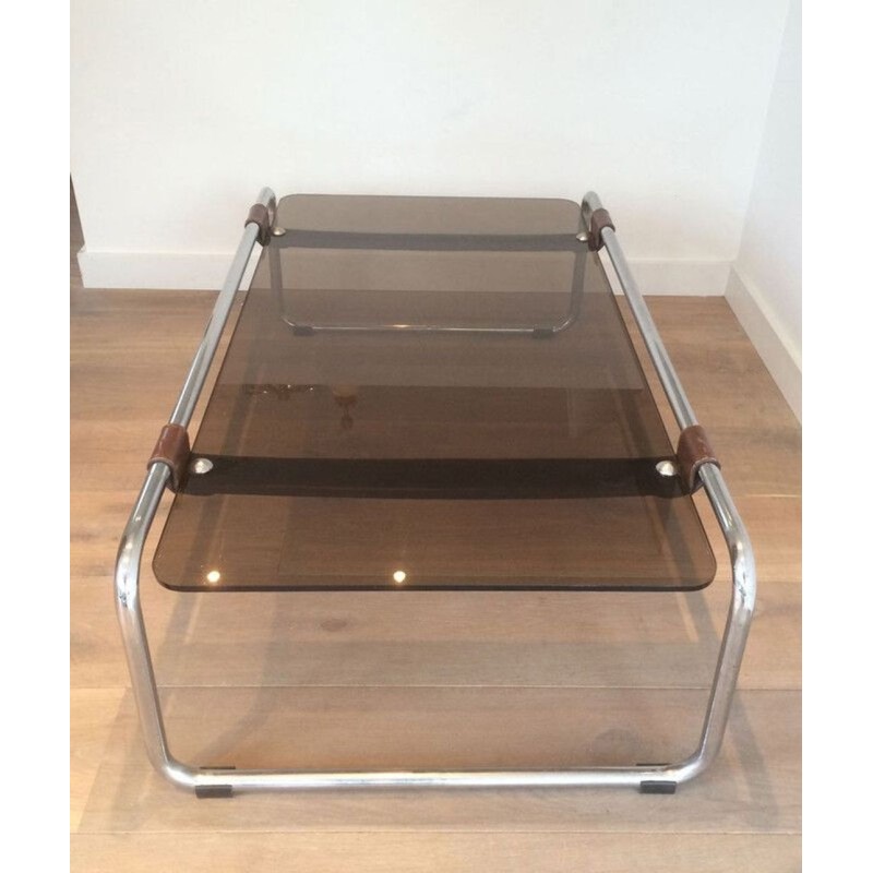 Chrome, Brown Leather & Smoked Glass Two-Tier Coffee Table, France circa 1950