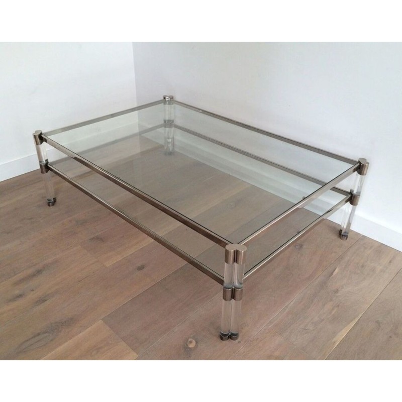 Large Two-Tier Lucite & Chrome Coffee Table with Glass Shelves and Castors, France circa 1970