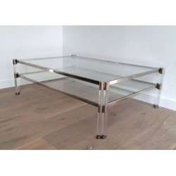 Large Two-Tier Lucite & Chrome Coffee Table with Glass Shelves and Castors, France circa 1970