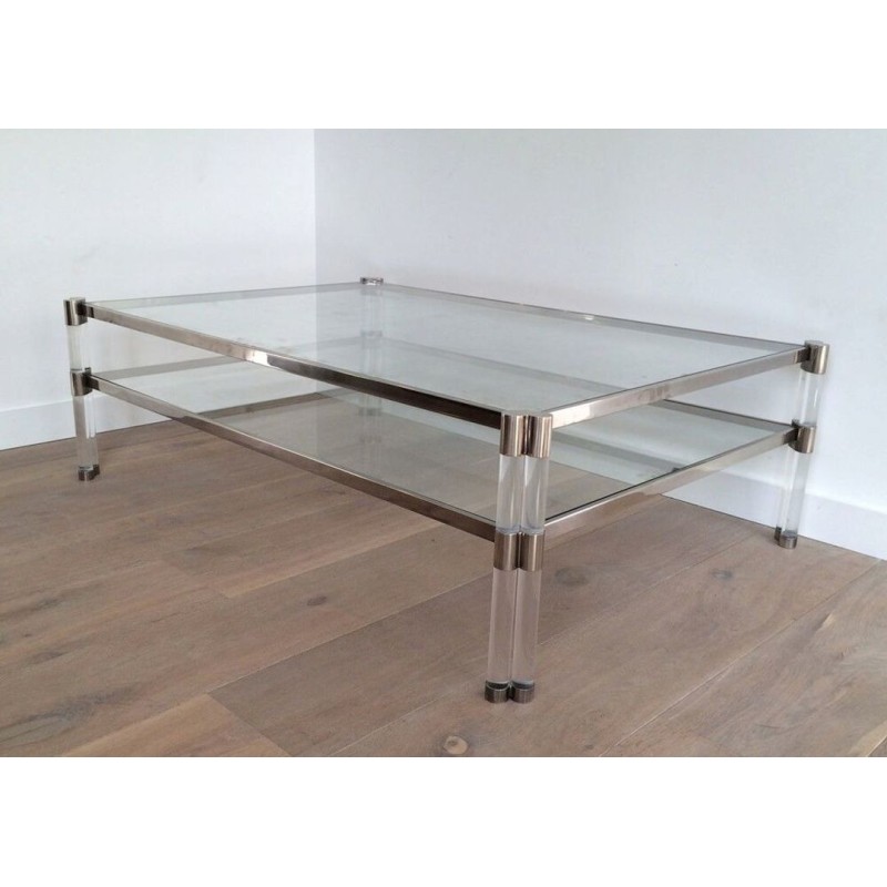 Large Two-Tier Lucite & Chrome Coffee Table with Glass Shelves and Castors, France circa 1970