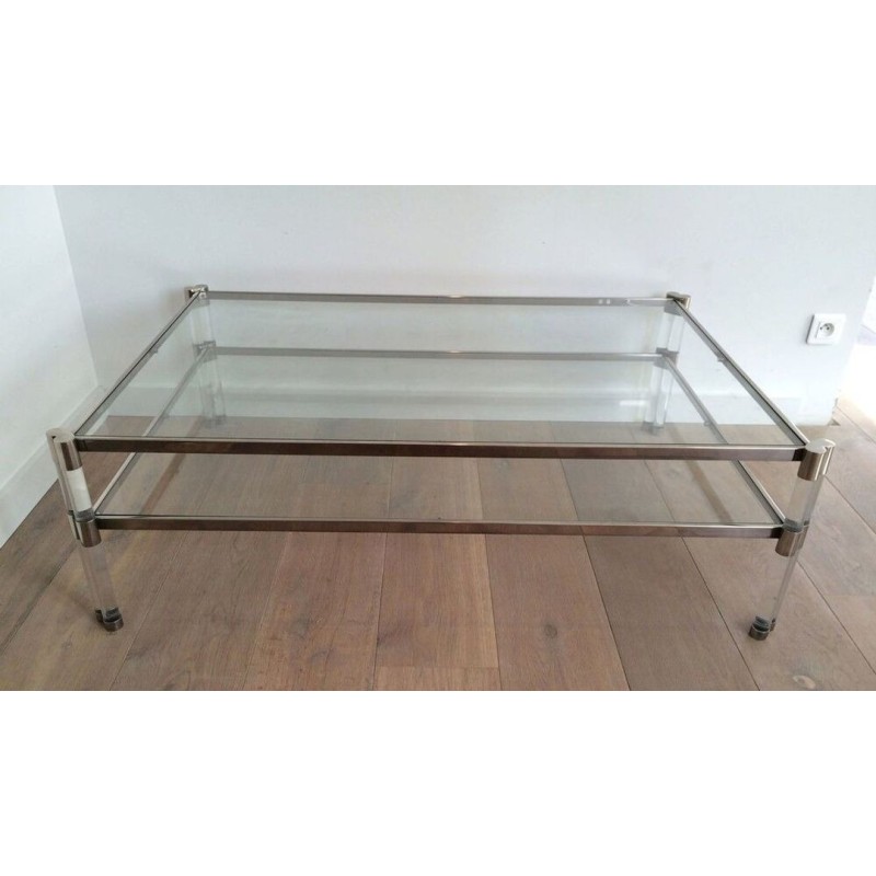 Large Two-Tier Lucite & Chrome Coffee Table with Glass Shelves and Castors, France circa 1970