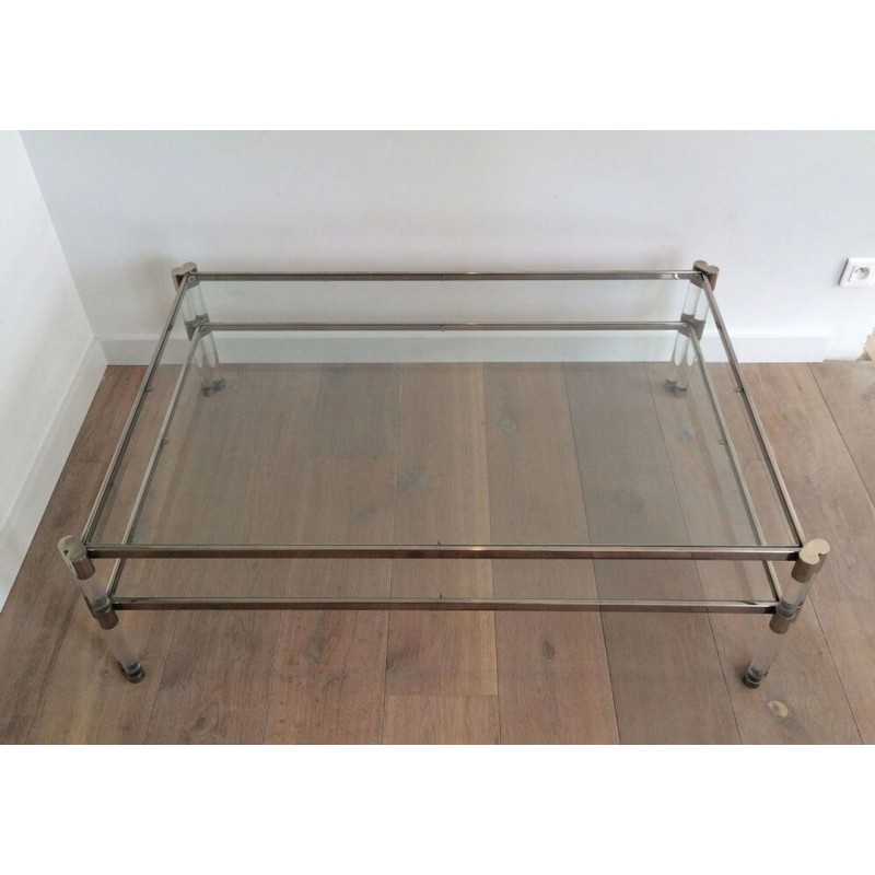 Large Two-Tier Lucite & Chrome Coffee Table with Glass Shelves and Castors, France circa 1970