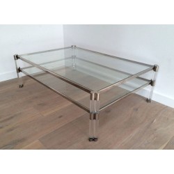 Large Two-Tier Lucite & Chrome Coffee Table with Glass Shelves and Castors, France circa 1970