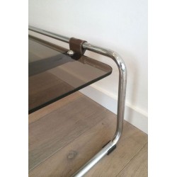 Chrome, Brown Leather & Smoked Glass Two-Tier Coffee Table, France circa 1950