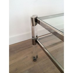 Large Two-Tier Lucite & Chrome Coffee Table with Glass Shelves and Castors, France circa 1970