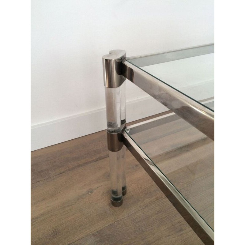 Large Two-Tier Lucite & Chrome Coffee Table with Glass Shelves and Castors, France circa 1970
