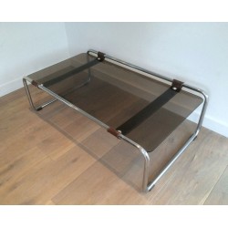 Chrome, Brown Leather & Smoked Glass Two-Tier Coffee Table, France circa 1950
