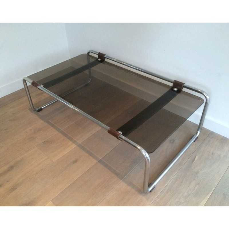 Chrome, Brown Leather & Smoked Glass Two-Tier Coffee Table, France circa 1950