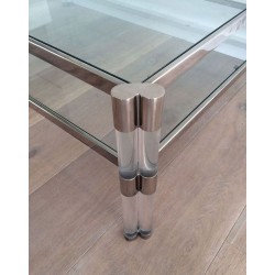Large Two-Tier Lucite & Chrome Coffee Table with Glass Shelves and Castors, France circa 1970