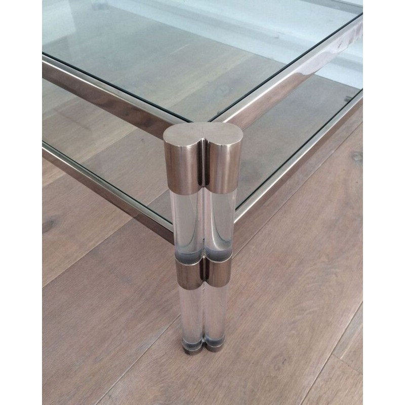 Large Two-Tier Lucite & Chrome Coffee Table with Glass Shelves and Castors, France circa 1970