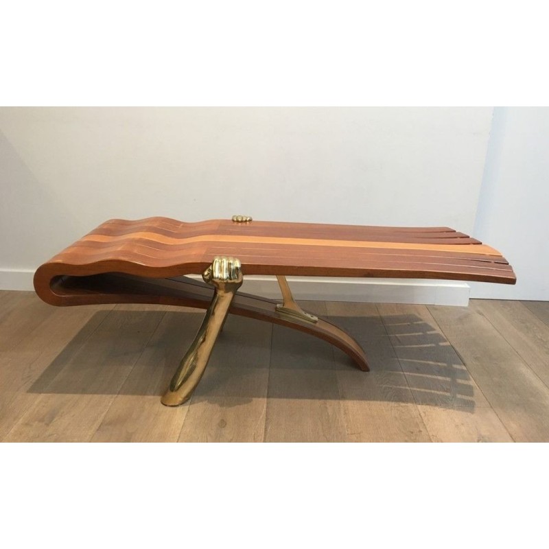 Unique Freeform Slatted Exotic Wood Coffee Table on Gilt Brass Sculptural Supports, circa 1970