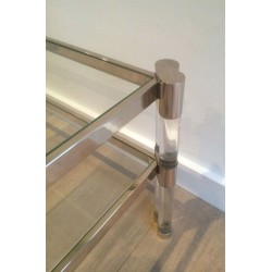 Large Two-Tier Lucite & Chrome Coffee Table with Glass Shelves and Castors, France circa 1970