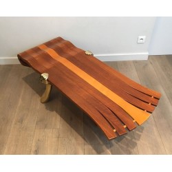 Unique Freeform Slatted Exotic Wood Coffee Table on Gilt Brass Sculptural Supports, circa 1970