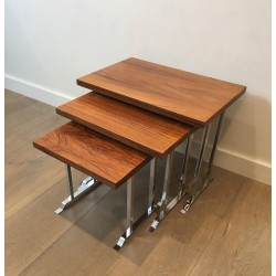 Set of Three Rosewood & Chrome Nesting Tables, France circa 1970
