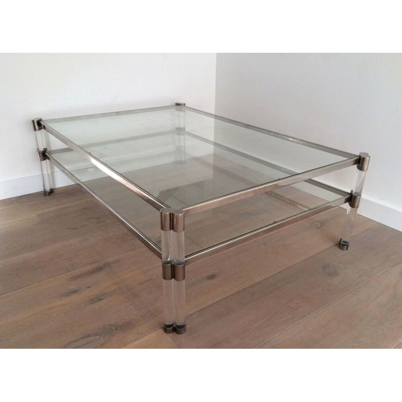 Large Two-Tier Lucite & Chrome Coffee Table with Glass Shelves and Castors, France circa 1970