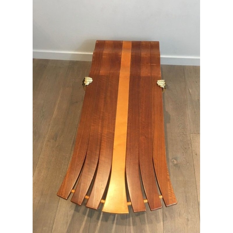 Unique Freeform Slatted Exotic Wood Coffee Table on Gilt Brass Sculptural Supports, circa 1970