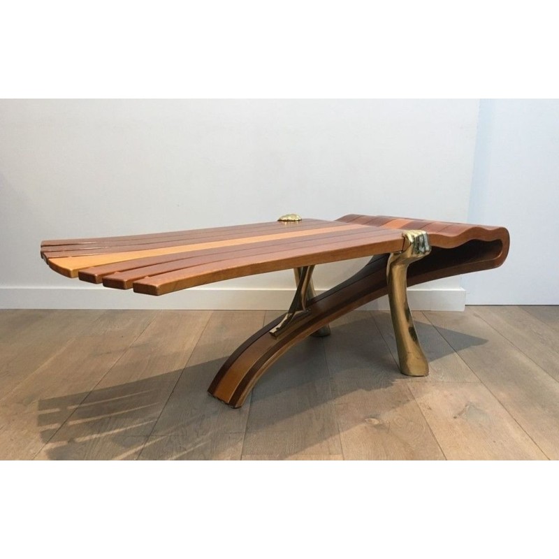 Unique Freeform Slatted Exotic Wood Coffee Table on Gilt Brass Sculptural Supports, circa 1970